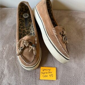 Sperry Tan Suede Slip-On Boat Shoes with Tassel Laces